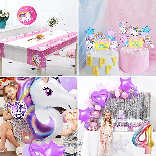 Unicornio Decoración Cumpleaños 4 Años,Globo de Unicornio Globos Fiesta Decoracion Cumpleaños Niña con Globo rosa,Cake Topper,Banner Feliz Cumpleaño,Mantel de unicornio para decoración de cumpleaños