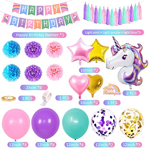 Unicornio Decoraciones Cumpleaños Niña, Pink Purple Azul Feliz Cumpleaños Globos Con Banner Cake Topper Barcelones Pom Poms Latex Confeti Foil Globos Para Baby Girls Fiesta