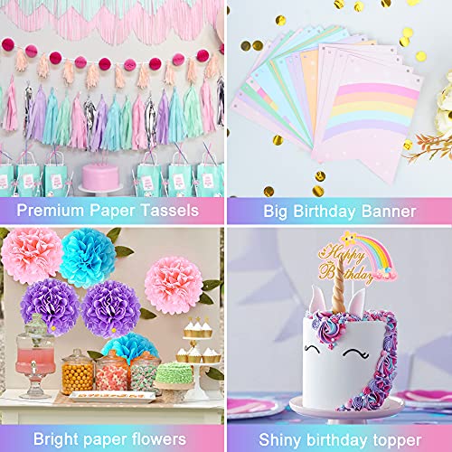 Unicornio Decoraciones Cumpleaños Niña, Pink Purple Azul Feliz Cumpleaños Globos Con Banner Cake Topper Barcelones Pom Poms Latex Confeti Foil Globos Para Baby Girls Fiesta