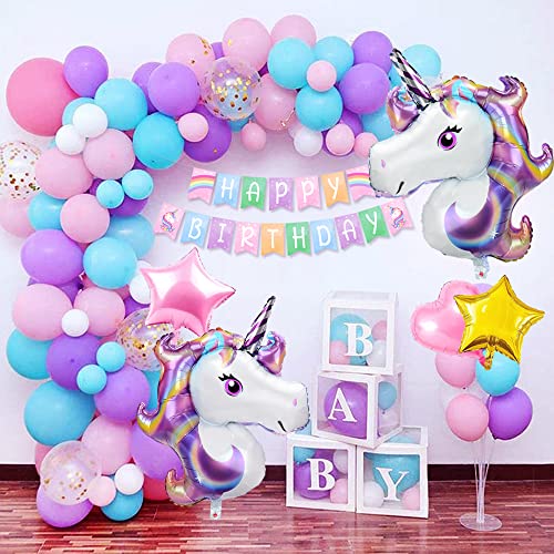 Unicornio Decoraciones Cumpleaños Niña, Pink Purple Azul Feliz Cumpleaños Globos Con Banner Cake Topper Barcelones Pom Poms Latex Confeti Foil Globos Para Baby Girls Fiesta