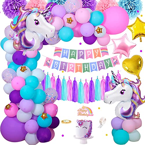 Unicornio Decoraciones Cumpleaños Niña, Pink Purple Azul Feliz Cumpleaños Globos Con Banner Cake Topper Barcelones Pom Poms Latex Confeti Foil Globos Para Baby Girls Fiesta