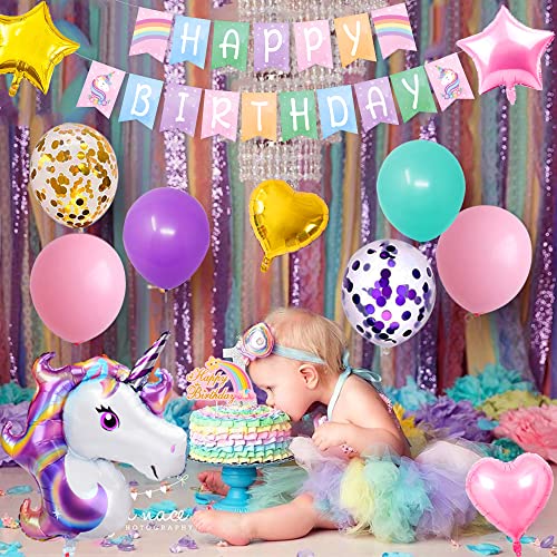 Unicornio Decoraciones Cumpleaños Niña, Pink Purple Azul Feliz Cumpleaños Globos Con Banner Cake Topper Barcelones Pom Poms Latex Confeti Foil Globos Para Baby Girls Fiesta