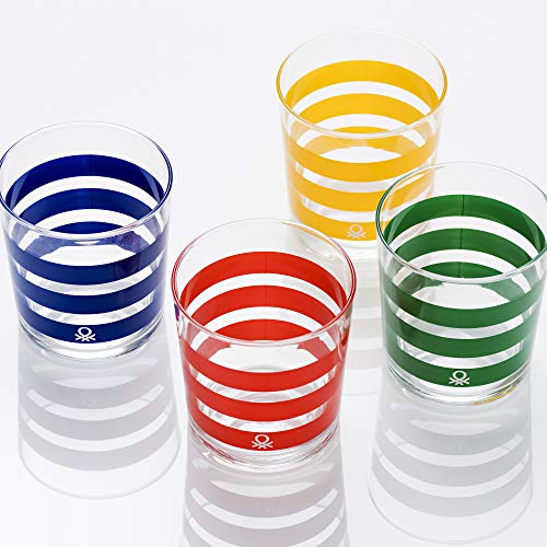 UNITED COLORS OF BENETTON. BE070 Set 4 Piezas Vasos de Agua 0.345 l Cristal Rayas Multicolor Casa Benetton, Glass