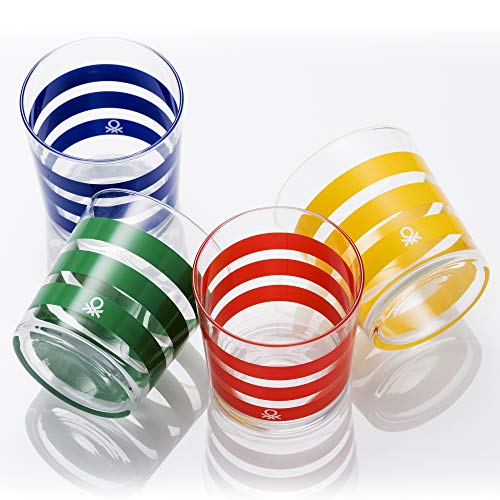 UNITED COLORS OF BENETTON. BE070 Set 4 Piezas Vasos de Agua 0.345 l Cristal Rayas Multicolor Casa Benetton, Glass