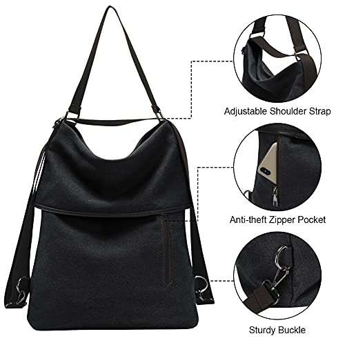 URAQT Mochila de Lona, Bolsos de Mujer, Bolso Mochila Mujer， Mujer Lona Microfibra Multifuncional Casual Bolso de Cuero de Gran Capacidad Bolsas de Hombro Mochila, Negro