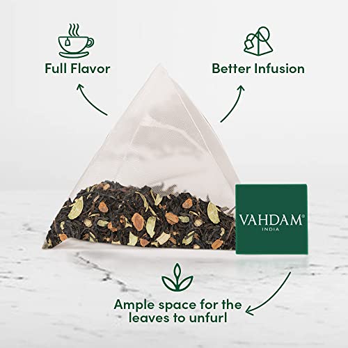 VAHDAM, Masala Chai con Especias de Vainilla | 100 bolsitas de té | ALIVIO Y REFRESCAMIENTO | Té Masala Chai | Bolsa de té con especias Chai | Preparar como té caliente, frío o helado