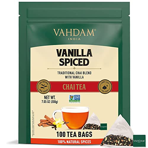 VAHDAM, Masala Chai con Especias de Vainilla | 100 bolsitas de té | ALIVIO Y REFRESCAMIENTO | Té Masala Chai | Bolsa de té con especias Chai | Preparar como té caliente, frío o helado