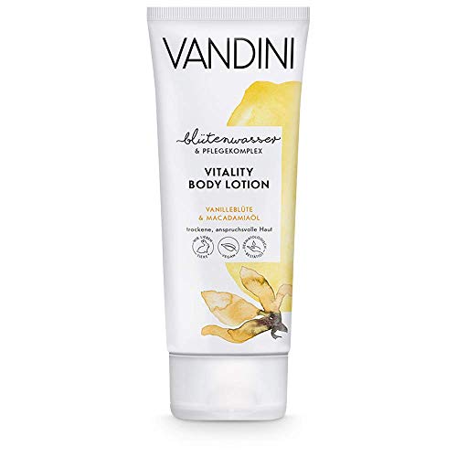 VANDINI Loción corporal revitalizante para mujeres con flor de vainilla y aceite de macadamia - crema para pieles normales a secas - libre de siliconas y parabenos 1x 200 ml