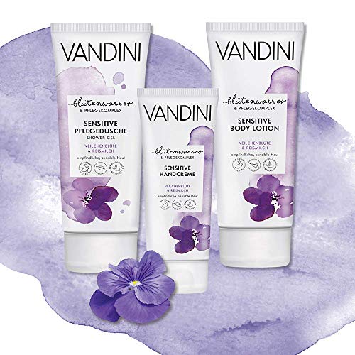 VANDINI Loción corporal sensitiva con flor de de violeta y leche de arroz - crema corporal para pieles sensibles y delicadas - libre de siliconas y parabenos - 1x 200 ml