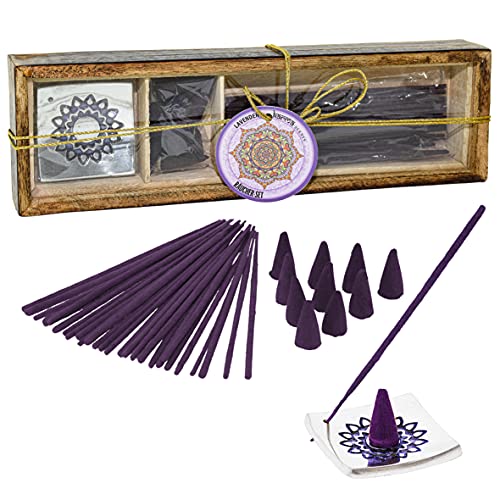 Varillas de incienso con caja de regalo con soporte de aluminio, juego con aroma de lavanda, regalos esotéricos, regalos espirituales, accesorios para ahumar (lavanda)