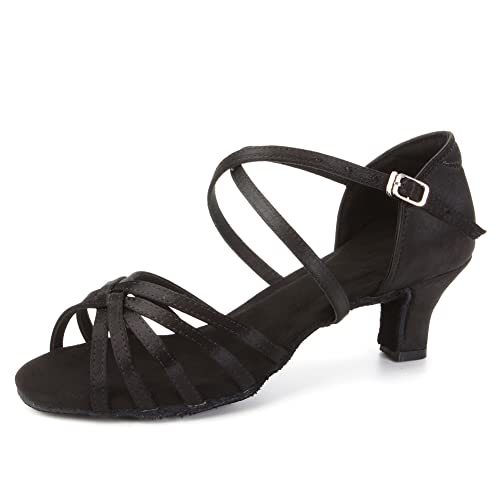 VCIXXVCE Satín Zapatos de Baile Latino Negros Mujer Suela de Gamuza Salsa Zapatos Danza Salón 5cm,37 EU