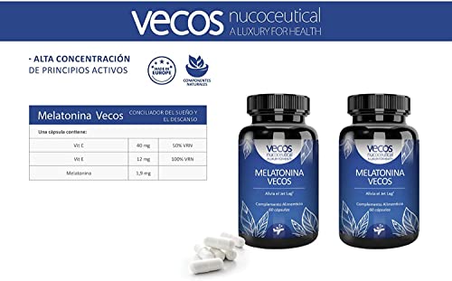 Vecos | Melatonina Pura para Dormir Bien | 60 Cápsulas | Ayuda a Regular el Ciclo Natural del Sueño | Efecto Inmunoestimulador | Propiedades Antioxidantes | Complemento Alimenticio