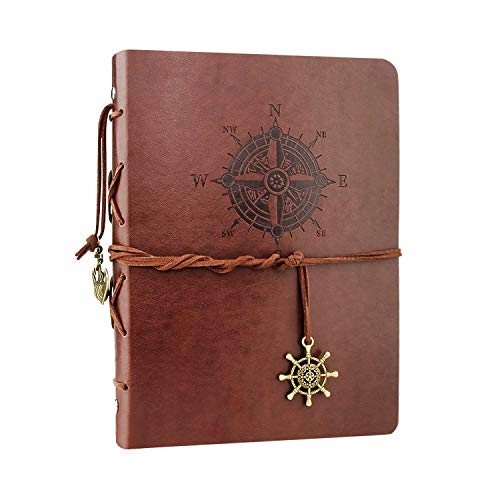 VEESUN Cuaderno de Cuero A5, Retro Libreta de Viaje, Cuaderno Vintage Agenda, Recargable Bloc de Libros en Blanco Diary Regalo, Diario de La Vendimia Regalo Para Hombres Mujeres Estudiantes, Brújula