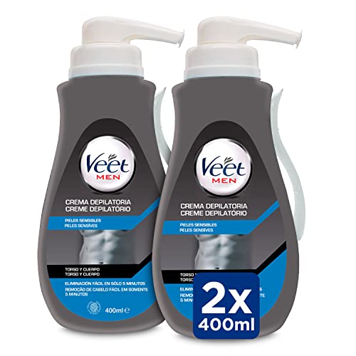 Veet Men Crema Depilatoria Masculina para Pecho Espalda Brazos y Piernas, Pieles Sensibles, 2 x 400 ml con Dosificador