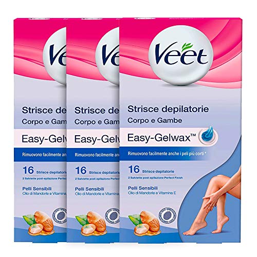 Veet Tiras Depilatorias para Piernas, Brazos, Axilas y Bikini, 3 Paquetes de 16 Tiras