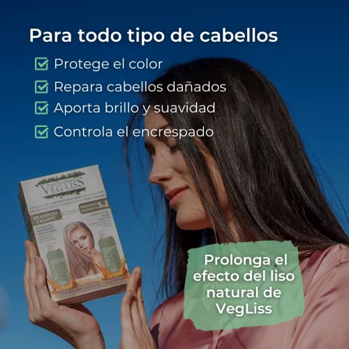 VegLiss Kit Post Alisado Brasileño,Tratamiento Hidratante, Cuida Alisados de Keratina, Repara Cabello Dañado, Champú Antiencrespado y Tratamiento Vegano 3 en 1 Sin Sulfatos, Siliconas Sin Parabenos