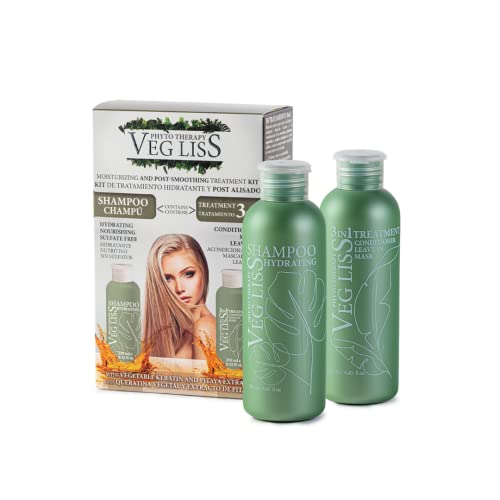 VegLiss Kit Post Alisado Brasileño,Tratamiento Hidratante, Cuida Alisados de Keratina, Repara Cabello Dañado, Champú Antiencrespado y Tratamiento Vegano 3 en 1 Sin Sulfatos, Siliconas Sin Parabenos