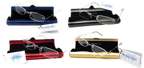 VENICE EYEWEAR OCCHIALI | PACK DE 4 UNIDADES de Gafas de lectura UNISEX presbicia vista cansada Diseño elegante LIGERAS estuche de aluminio GRATIS (1-2 - 2,50-3 - 3,50) (Azul+Dorado+Roja+Gris, 3,50)