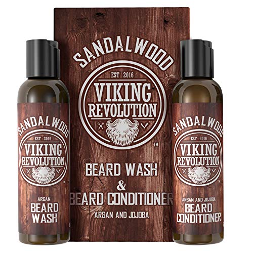 Viking Revolution Champu Barba Hombre Y Acondicionador Para Barba Con Aceite De Argán Y Jojoba 2x142g- Suaviza Y Fortalece - Champú Barba Natural Con Aceite Para Barba De Sándalo- Jabon Barba