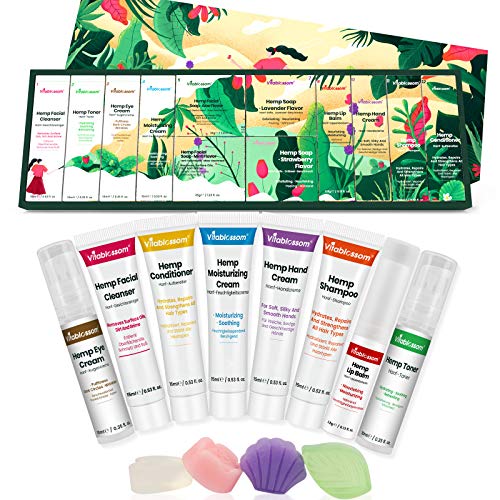 Vitablossom Hemp Beauty Gift Set-12PCS W/Eye Cream, Facial Cleanser, Toner, Moisturizing Cream, Facial Soap, Lip Balm, Hand Cream, Shampoo, Conditioner, Best Gifts for Women, Gift for Her