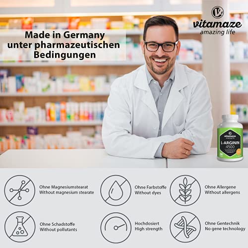 Vitamaze® L-Arginina 4500 mg Altamente Concentrada, 360 Cápsulas, Adecuado para las Personas Alérgicas, Pura Natural L-Arginine HCL sin Aditivos Innecesarios, Calidad Alemana