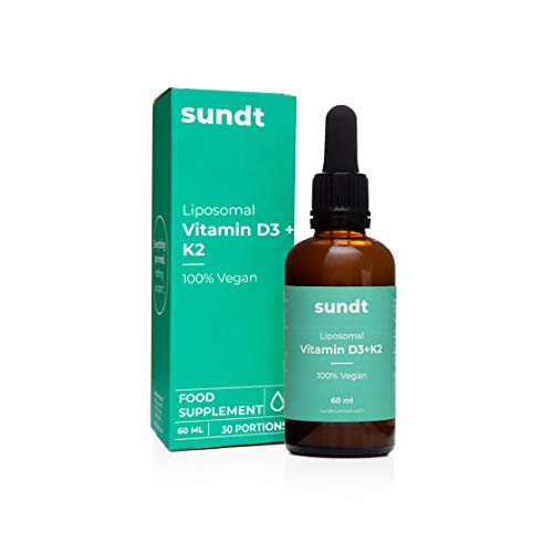 Vitamina liposomal D3+K2 en gotas para obtener suficiente calcio, en el lugar adecuado - Frasco de 60 ml - 30 aplicaciones - Sin OGM - Hecho en la UE - Sundt Nutrition® Suplemento alimenticio