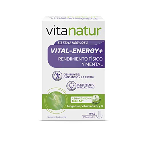 Vitanatur - Vital-Energy+. Complemento Alimenticio a Base de Magnesio, Ashwagandha y Vitaminas B5 y D - Bote con 120 Cápsulas