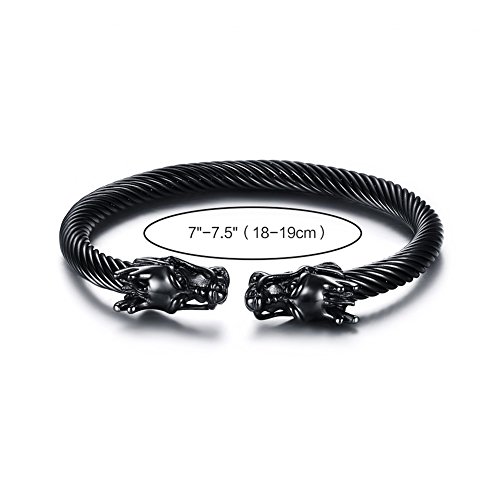 VNOX Hombres de Acero Inoxidable Frente a Dragon Head Wire Viking Brazalete Brazalete Negro