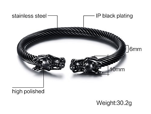 VNOX Hombres de Acero Inoxidable Frente a Dragon Head Wire Viking Brazalete Brazalete Negro