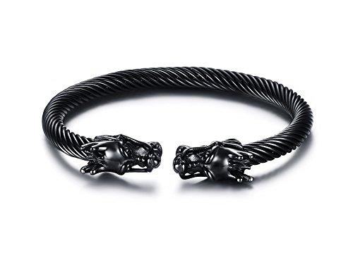 VNOX Hombres de Acero Inoxidable Frente a Dragon Head Wire Viking Brazalete Brazalete Negro