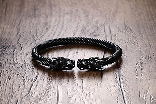 VNOX Hombres de Acero Inoxidable Frente a Dragon Head Wire Viking Brazalete Brazalete Negro