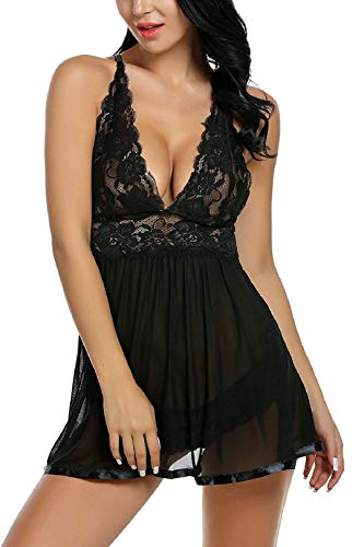 Voqeen Mujeres Body de Encaje lencería Semitransparente Sexy sin Mangas Vestido de Babydoll sin Mangas para Mujer Atractivo Ropa de Dormir (Negro, S)