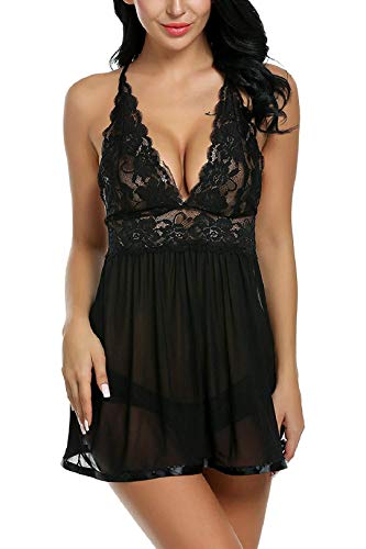 Voqeen Mujeres Body de Encaje lencería Semitransparente Sexy sin Mangas Vestido de Babydoll sin Mangas para Mujer Atractivo Ropa de Dormir (Negro, S)