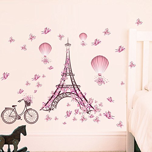 Wallpark Romántico Rosa Mariposa París Torre Eiffel Flor Globo aerostático Desmontable Pegatinas de Pared Etiqueta de la Pared, Bebé Niños Hogar Infantiles Dormitorio Vivero DIY Decorativas Murales