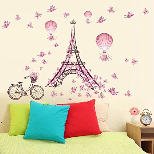 Wallpark Romántico Rosa Mariposa París Torre Eiffel Flor Globo aerostático Desmontable Pegatinas de Pared Etiqueta de la Pared, Bebé Niños Hogar Infantiles Dormitorio Vivero DIY Decorativas Murales