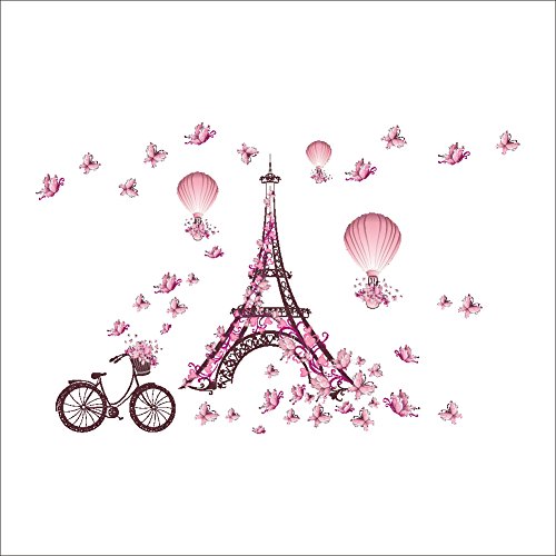 Wallpark Romántico Rosa Mariposa París Torre Eiffel Flor Globo aerostático Desmontable Pegatinas de Pared Etiqueta de la Pared, Bebé Niños Hogar Infantiles Dormitorio Vivero DIY Decorativas Murales