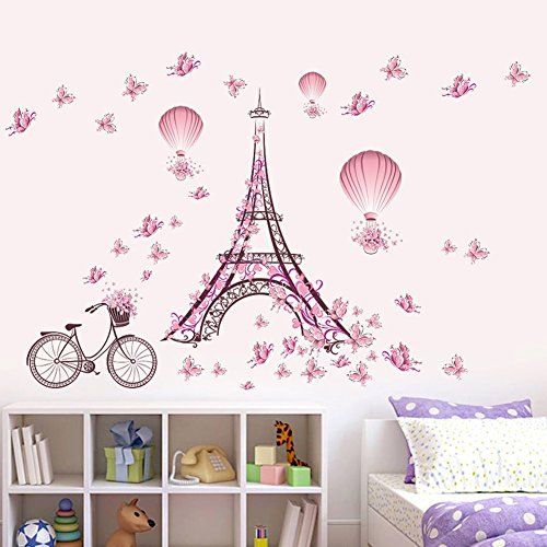 Wallpark Romántico Rosa Mariposa París Torre Eiffel Flor Globo aerostático Desmontable Pegatinas de Pared Etiqueta de la Pared, Bebé Niños Hogar Infantiles Dormitorio Vivero DIY Decorativas Murales