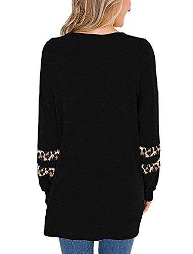 WAOTIER Camisetas de manga larga para mujer, cuello redondo, casual, estampado de leopardo, parte lateral, alta y baja, túnica, Negro, S