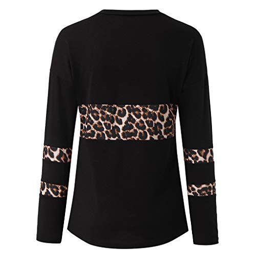 WAOTIER Camisetas de manga larga para mujer, cuello redondo, casual, estampado de leopardo, parte lateral, alta y baja, túnica, Negro, S