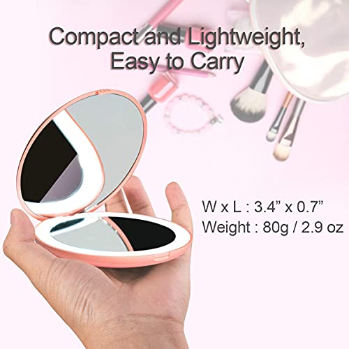 WaQoo Espejo de Bolsillo Compacto para Maquillaje, Luz LED Natural, Aumento de 1X / 10X, Espejo Portatil Plegable de Mano Iluminado para Bolso y Viaje