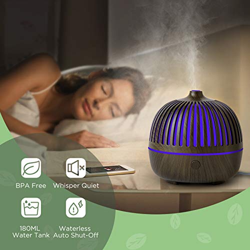 WD&CD Humidificador Aromaterapia Ultrasónico [180ML]， 7-Color LED, 3 Ajuste Modo，Súper Mudo Difusor de Aceites Esenciales de luz para Bebes, Hogar, Oficina,Dormitorio— Marron Oscuro