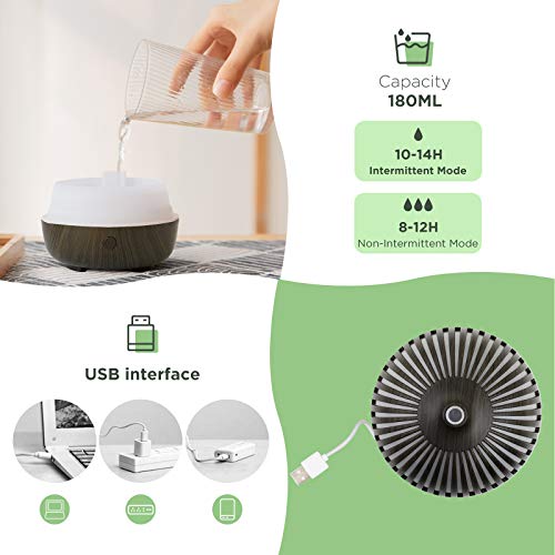 WD&CD Humidificador Aromaterapia Ultrasónico [180ML]， 7-Color LED, 3 Ajuste Modo，Súper Mudo Difusor de Aceites Esenciales de luz para Bebes, Hogar, Oficina,Dormitorio— Marron Oscuro