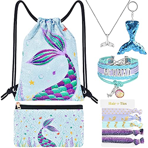 WERNNSAI Mochila con Cordón de Sirena - 10 Piezas Lentejuelas Regalo de Sirena para Niñas Bolso de Cosméticos Cuerdas Pulsera Collar Lazos para El Cabello Llavero con Caja de Embalaje