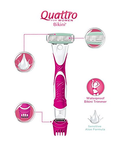 Wilkinson Sword Quattro For Women Bikini- Máquinilla de Depilación de 4 Hojas para Mujer con Recortador Eléctrico para Zonas Íntimas + 4 Recambios de Cuchillas