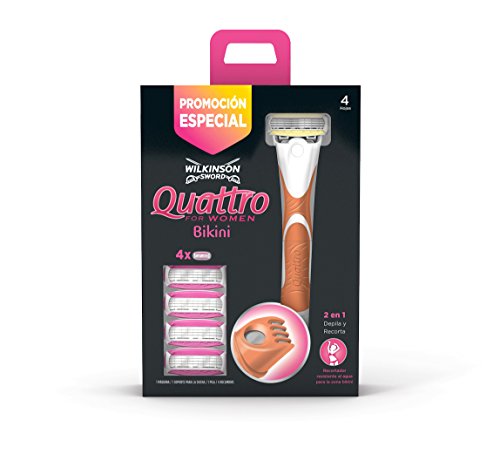 Wilkinson Sword Quattro For Women Bikini- Máquinilla de Depilación de 4 Hojas para Mujer con Recortador Eléctrico para Zonas Íntimas + 4 Recambios de Cuchillas