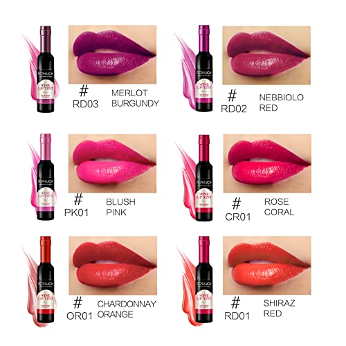 Wine Lip Tint - Botella de vino de 6 colores mancha de labios, labiales mate larga duracion Impermeable pintalabios regalo de maquillaje para niñas y mujeres