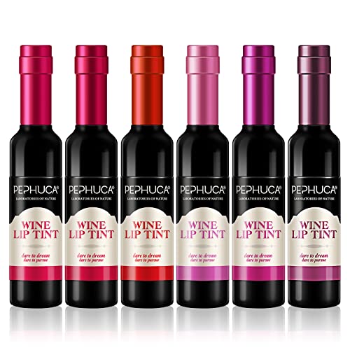 Wine Lip Tint - Botella de vino de 6 colores mancha de labios, labiales mate larga duracion Impermeable pintalabios regalo de maquillaje para niñas y mujeres