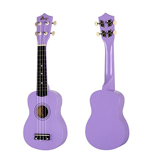 Winzz Ukelele Soprano Starter Kit para Principiante. Incluye: Funda, Afinador, Cuerdas Extra, Correa Ajustable, Púas, Pegatinas de notas, Guía de Acordes y Paño de pulido. Color: Morado