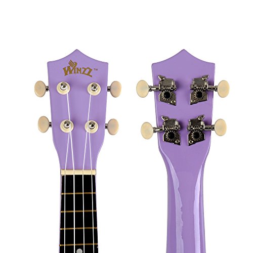 Winzz Ukelele Soprano Starter Kit para Principiante. Incluye: Funda, Afinador, Cuerdas Extra, Correa Ajustable, Púas, Pegatinas de notas, Guía de Acordes y Paño de pulido. Color: Morado