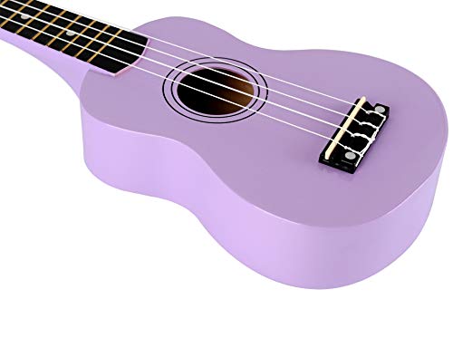 Winzz Ukelele Soprano Starter Kit para Principiante. Incluye: Funda, Afinador, Cuerdas Extra, Correa Ajustable, Púas, Pegatinas de notas, Guía de Acordes y Paño de pulido. Color: Morado